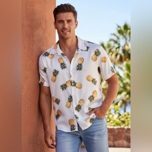 🆕 Mens White Pineapple Print Short Sleeve Button Down Shirt
